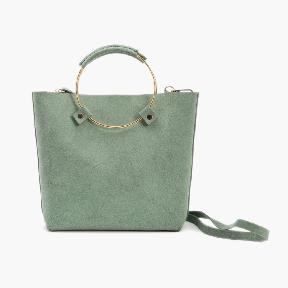 Luxe Brass Handle Handbag - Sage Suede